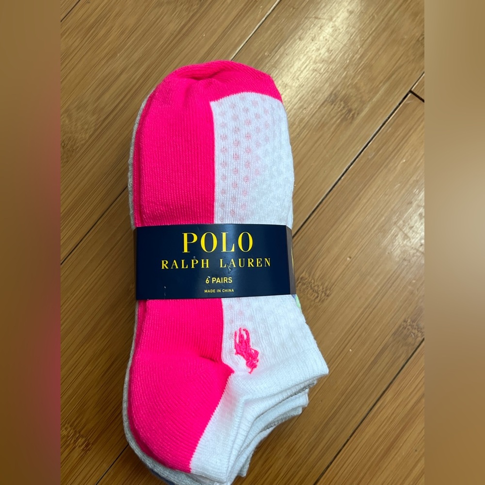 NEW 6 PAIRS PACK POLO RALPH LAUREN WOMEN NO SHOW SOCKS WHITE PINK   SIZE 9-11